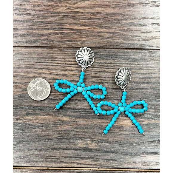 Handmade Ribbon Bow Post Earrings with Turquoise Beads, Western Boho, Ships in - Picture 5 of 9